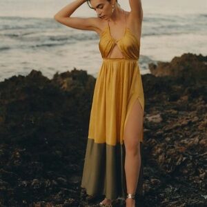 By Anthropologie Silk Colorblocked Maxi Dress Yellow Brown Halter Boho 6